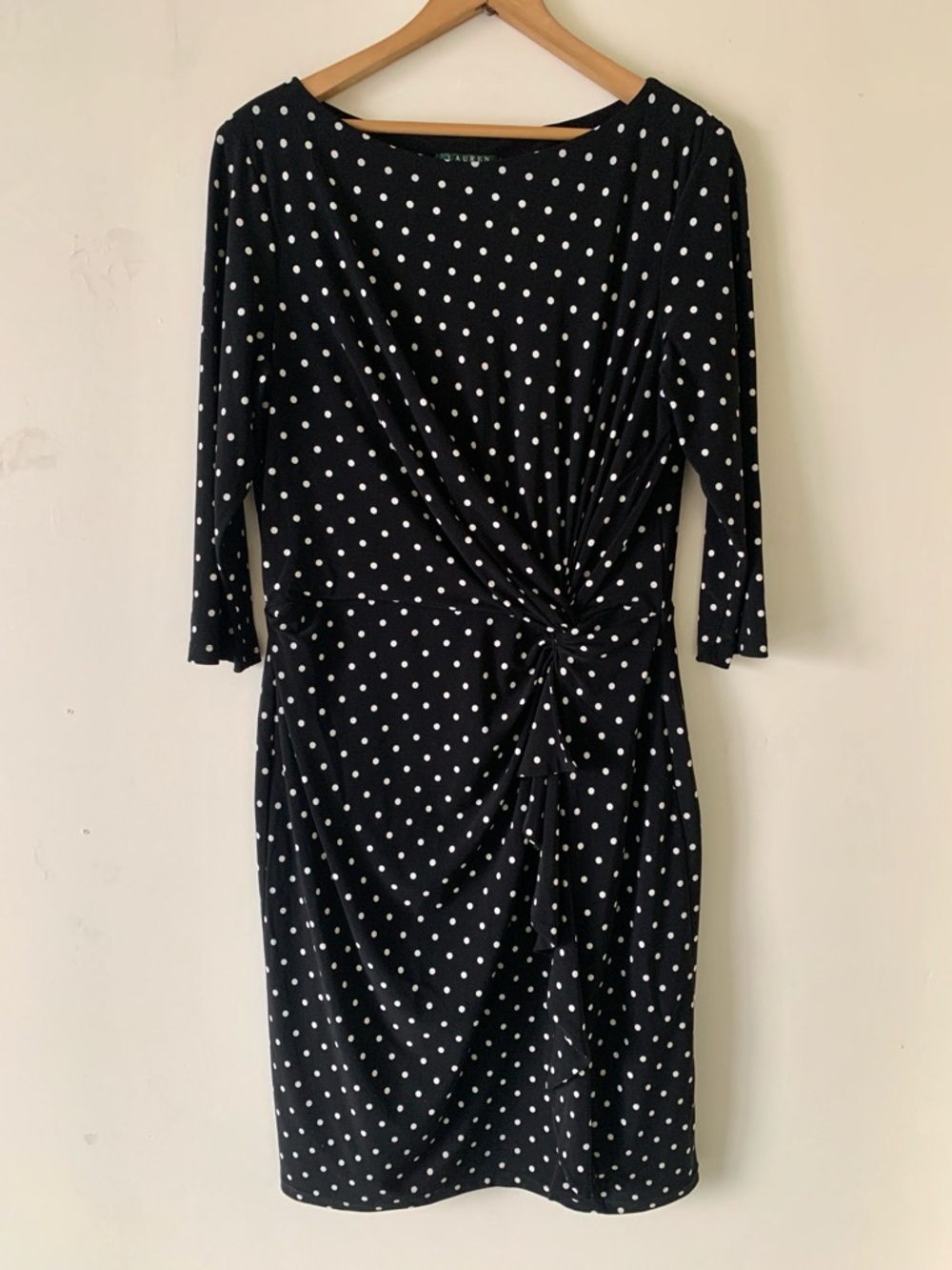 RALPH LAUREN Black and White Polka Dot Twist-Waist 3/4 Sleeve Dress